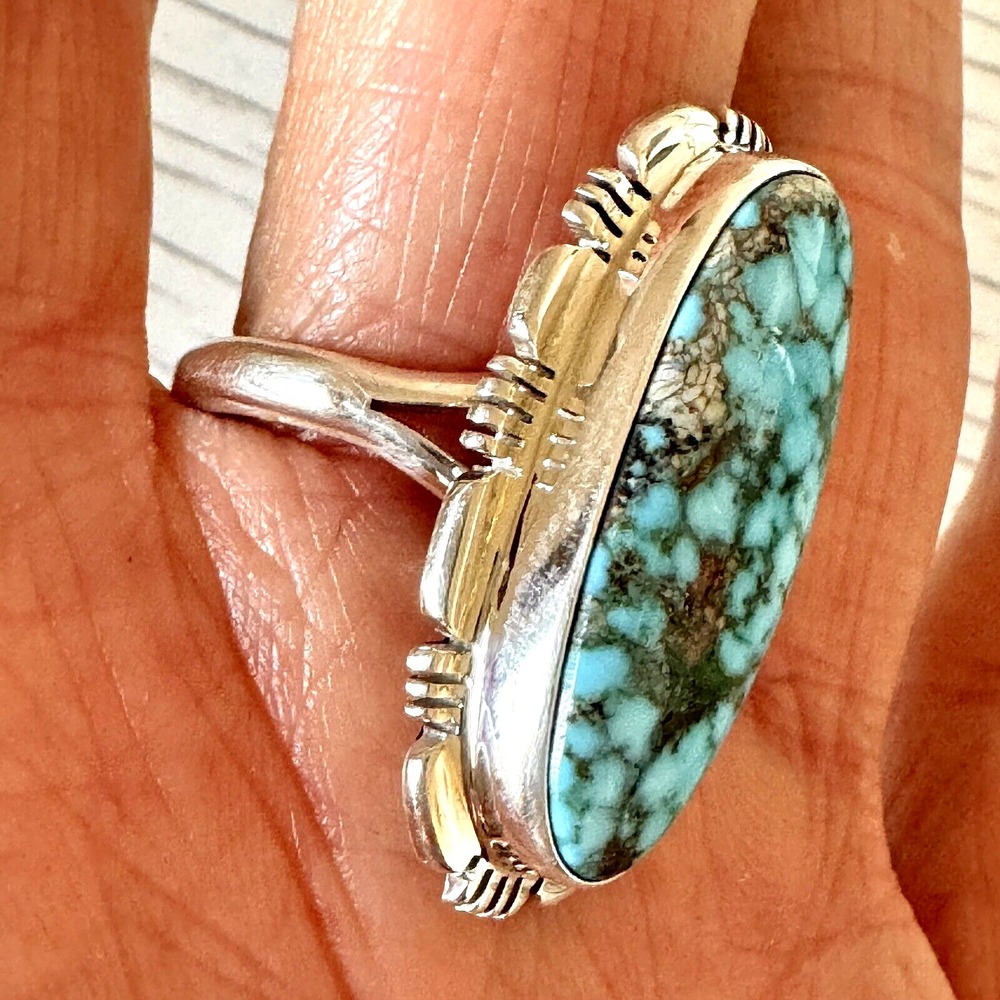 Navajo Sonoran Turquoise Ring Sz 10 Sterling Norvin Johnson Shine Fluted USA - Picture 5 of 7